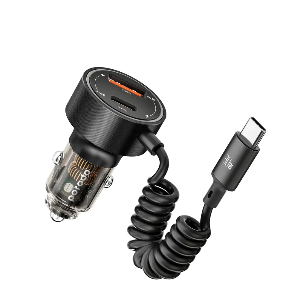 Porodo 60W Dual Port Transparent Car Charger Integrated Type-C Cable - 8WJF