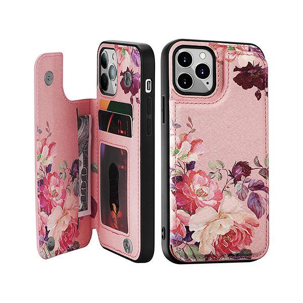 Crosspace Leather Book Case For Iphone 12 And 12 Pro (Pink Flower)