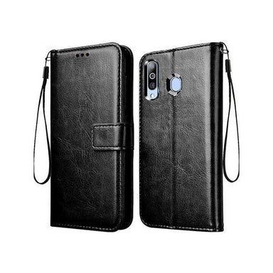 Vivo Y19 Leather Book Case +˜ Full Coverage Tempered Glass (Black) - Future Store