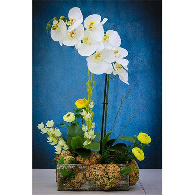 Artificial Orchids And Mix Flowers Sticky Rock Wooden Basket - Future Store