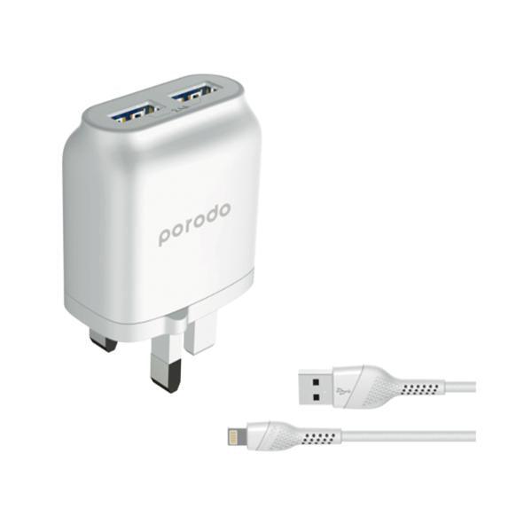 Porodo Dual Usb Wallcharger 2.4A Pvc Lighting Cable 1.2M (White)