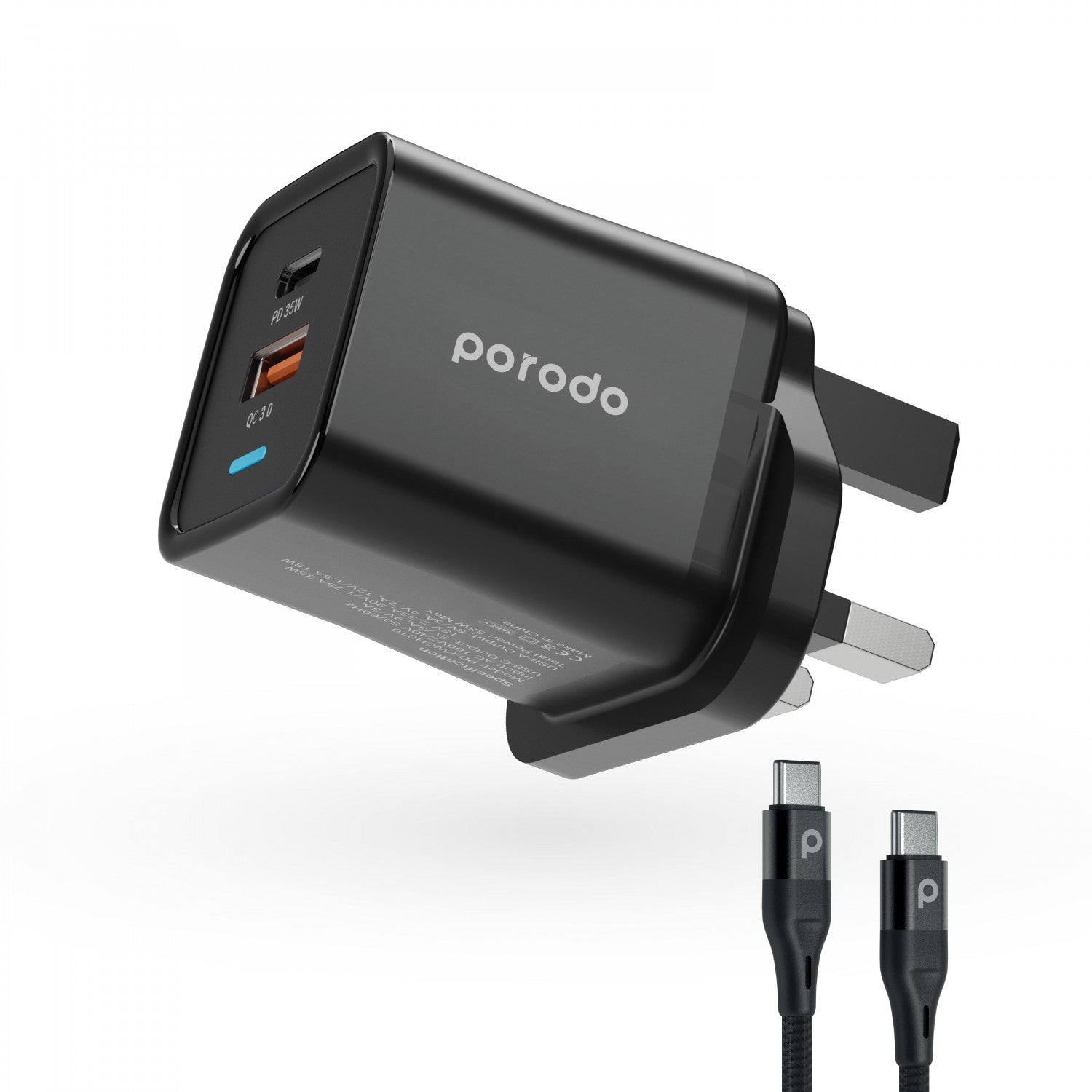 Porodo Dual Port PD + USB-A 35W+18W Charger With Type-C To Type-C Cable - Black - WYAV
