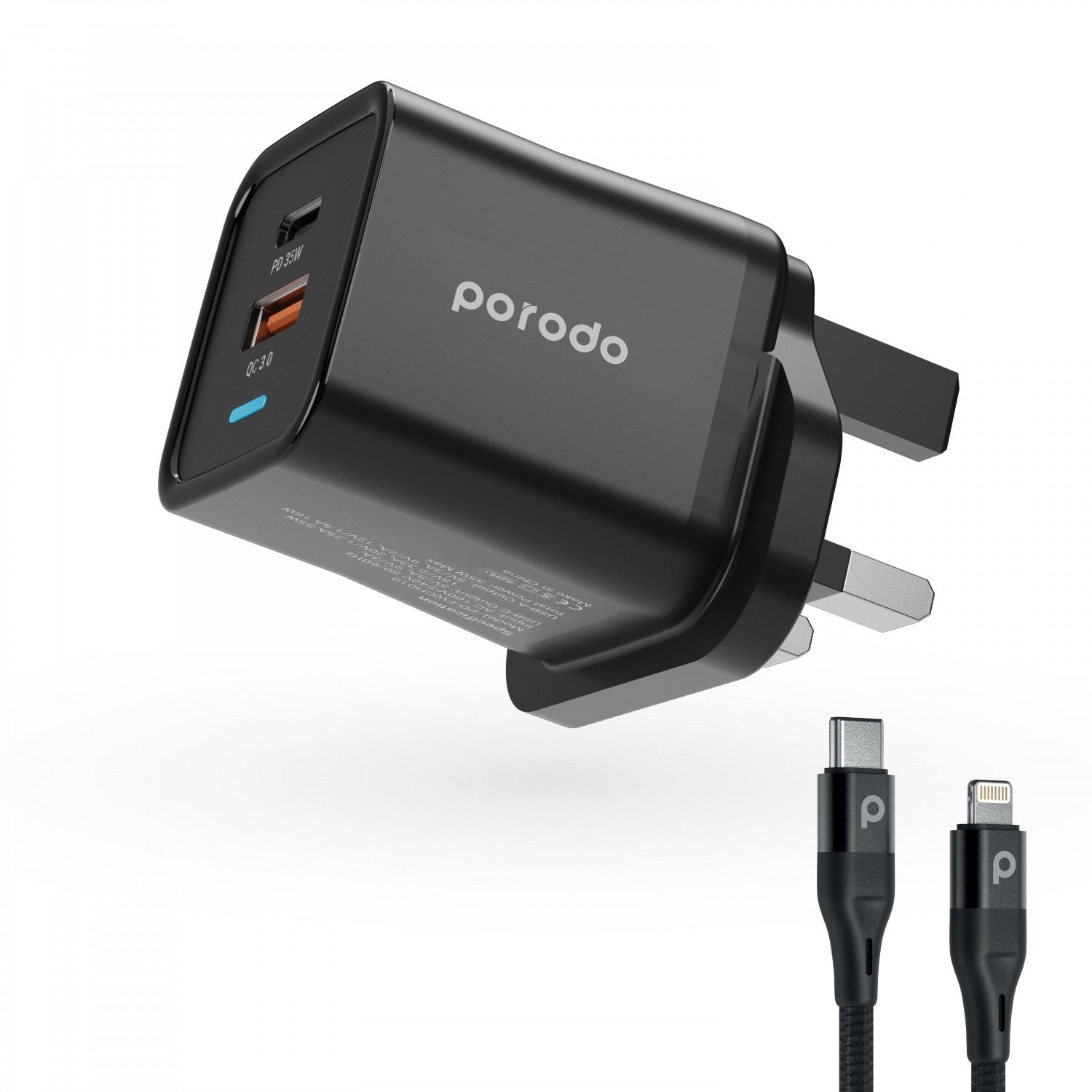 Porodo Dual Port PD + USB-A ( 35W+18W) Charger With Type-C To Lightning - PEQA