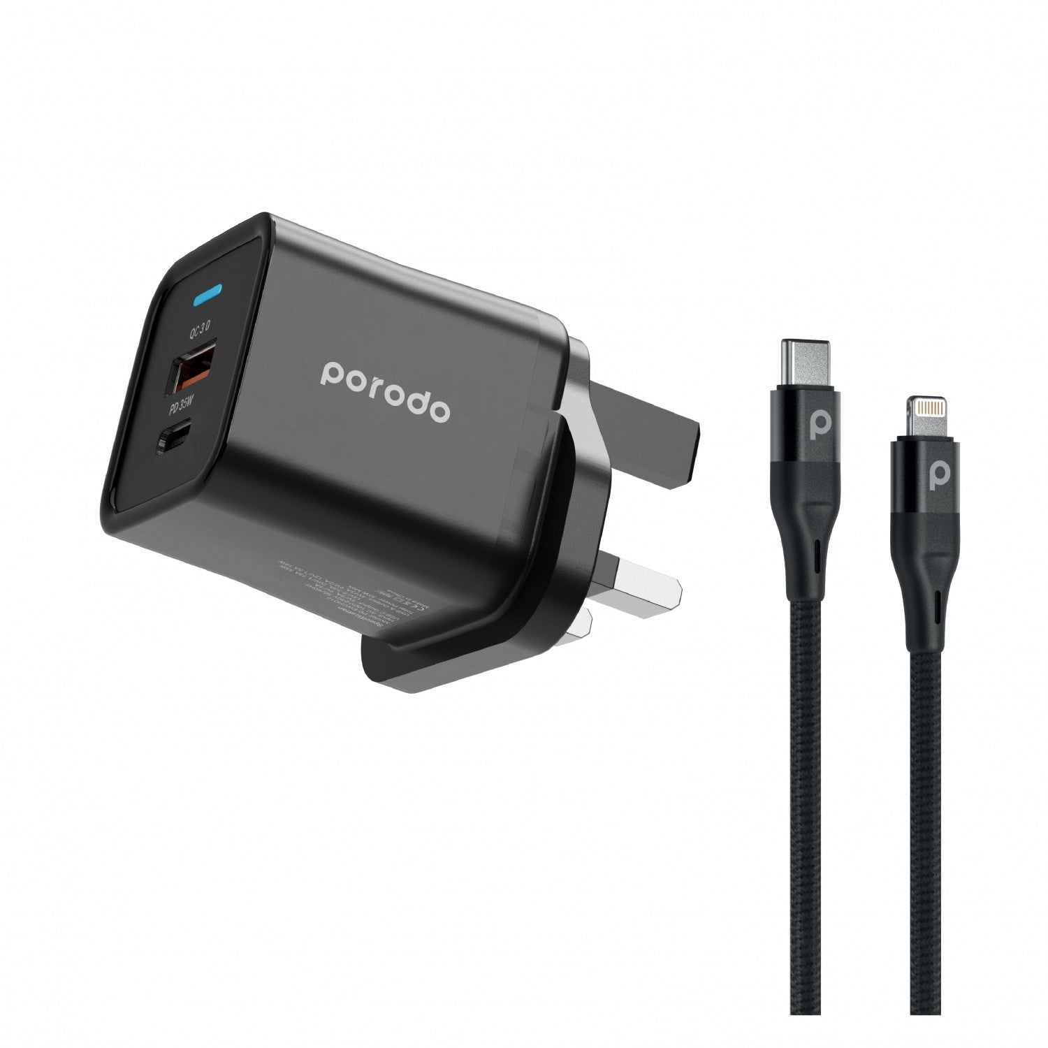 Porodo Dual Port PD + USB-A ( 35W+18W) Charger With Type-C To Lightning - PEQA