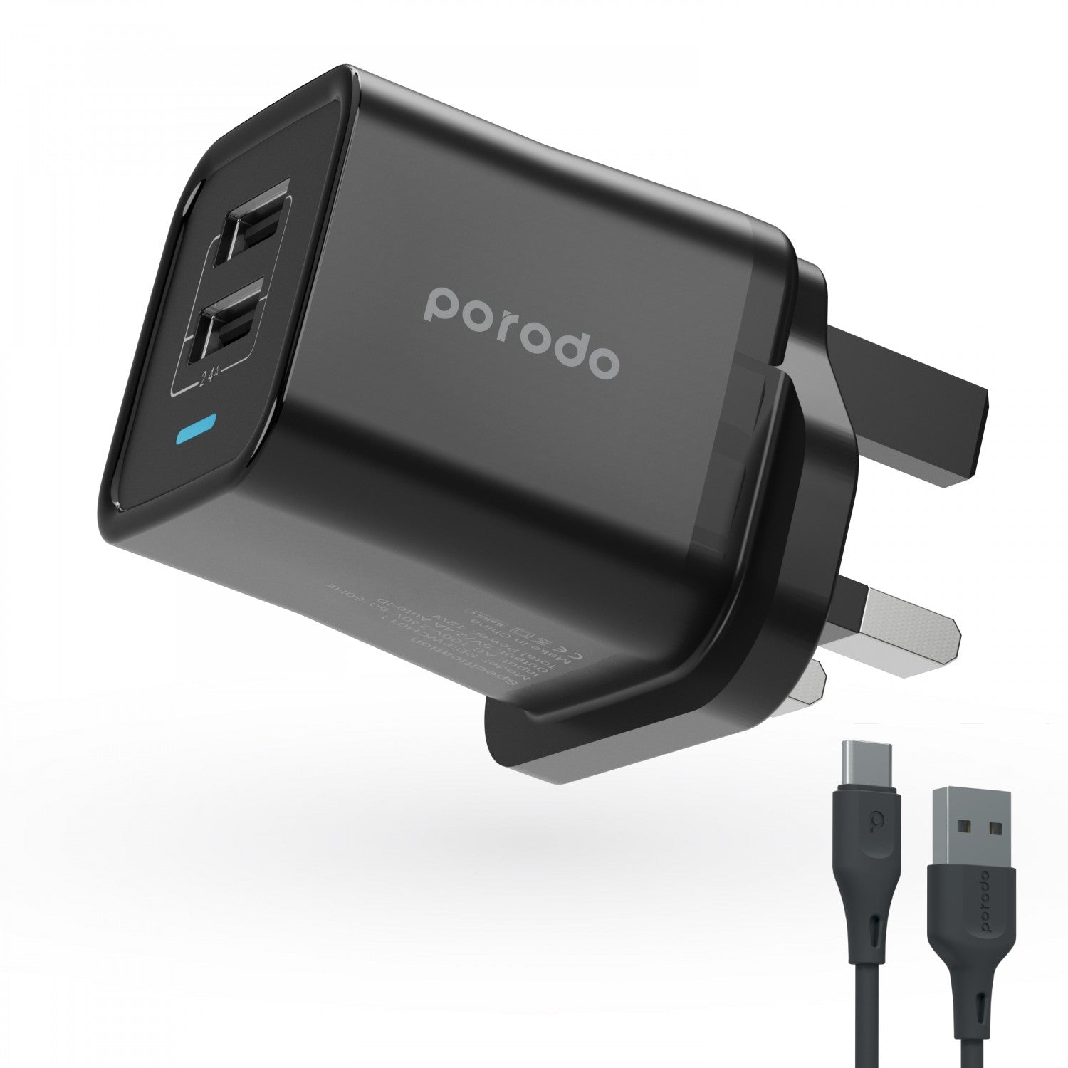 Porodo Dual Port Wall Charger 2.4A With 1.2m Type-C Cable - Black - GHI6