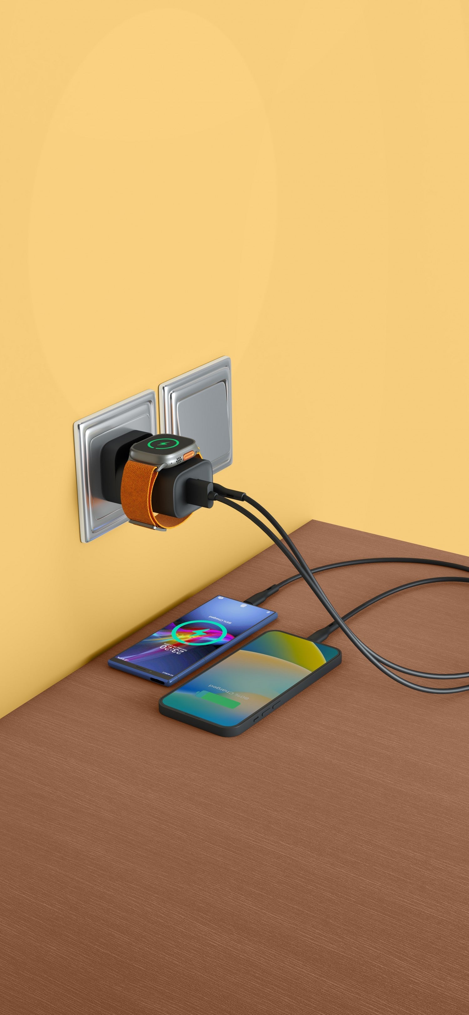 Porodo Dual Port Multi-Device Wall Charger With Integrated Watch Charger - Black - 7E1R