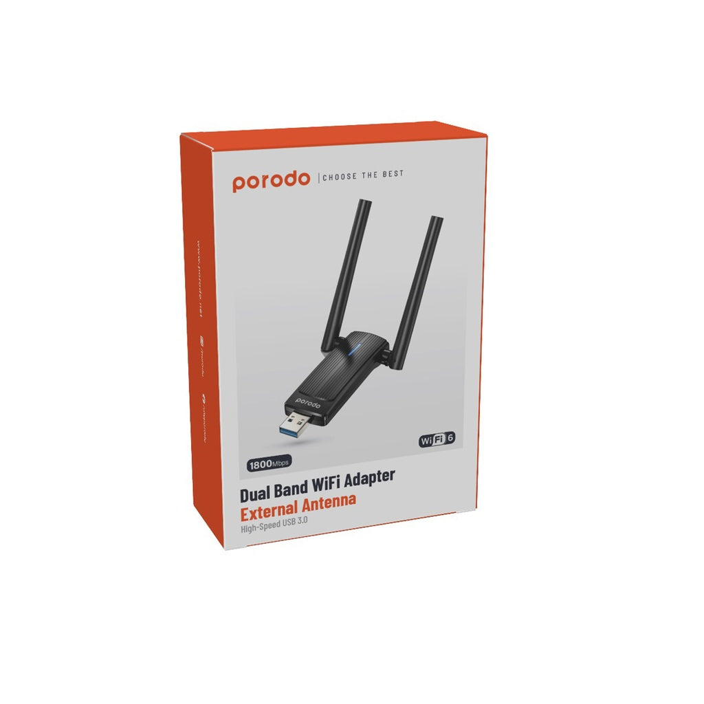 Porodo Dual Band WiFi Adapter External Antenna High-Speed USB 3.0 Black - 4NAY