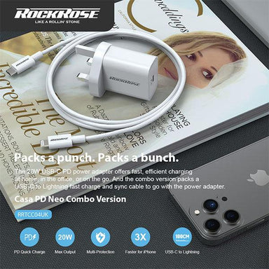 RockRose Casa PD 20W Charger + 1M USB-C to lightning Cable Neo Combo White - Future Store