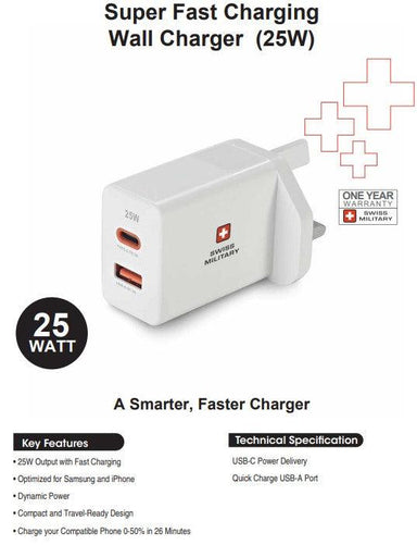 Swiss Military Super Fast Charging Wall Charger 25W White - Future Store