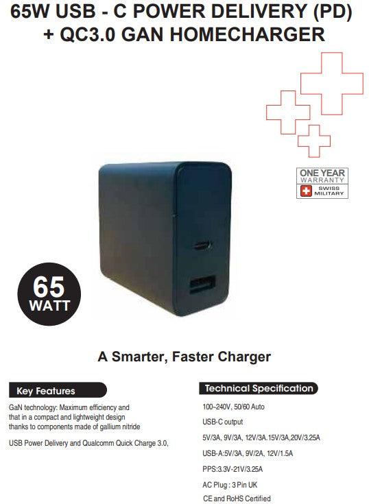 Swiss Military 65w Usb C Power Delivery Pd and Qc3.0 Gan Home Charger Black - Future Store